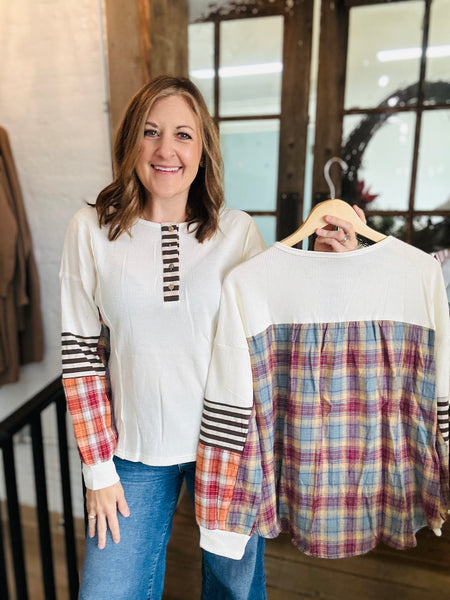 Beige Plaid Patchwork Top