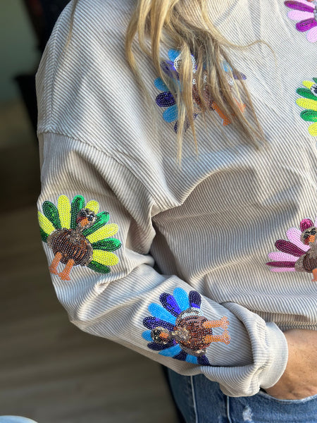 Sequin Turkey Corded Sweatshirt