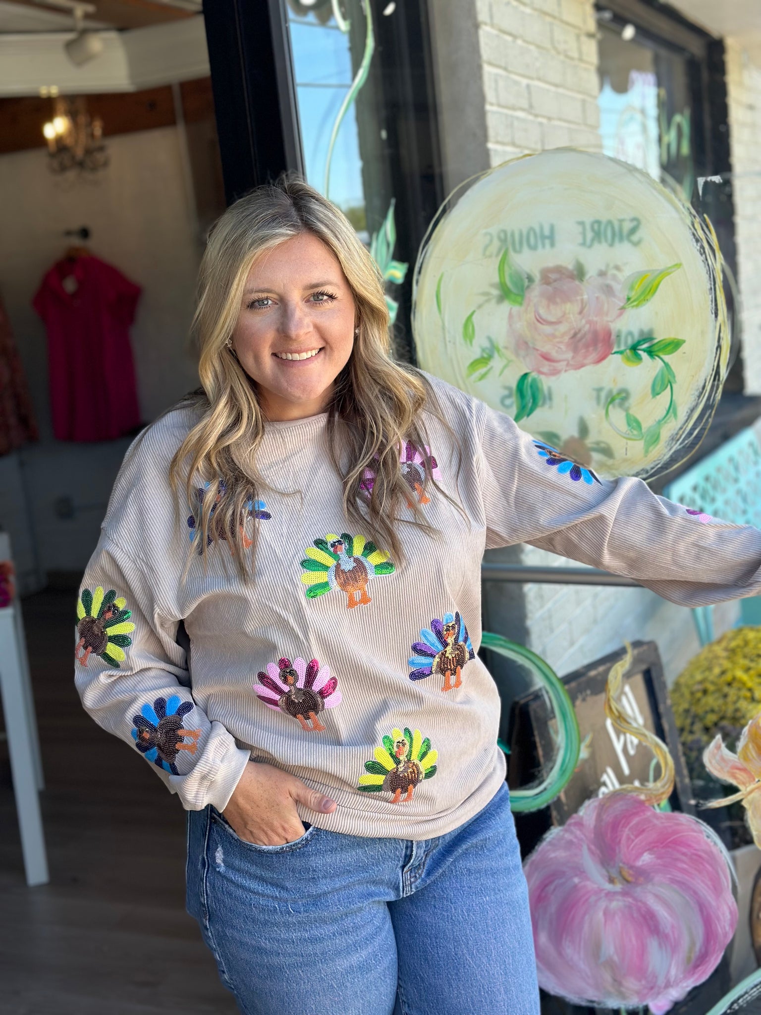 Sequin Turkey Corded Sweatshirt