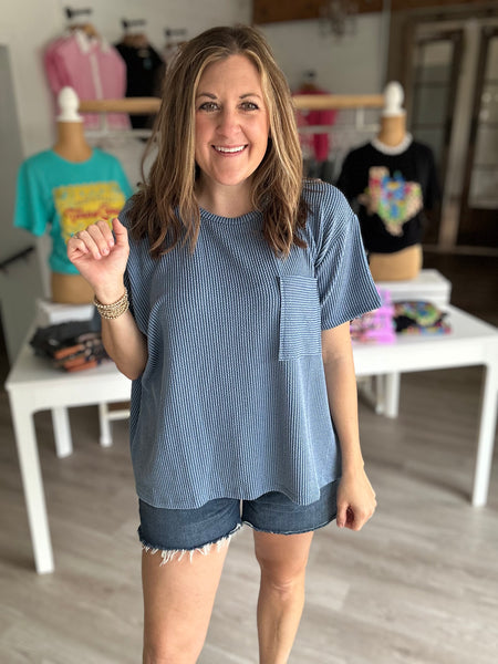 Ribbed Pocket Tee Dusty Blue