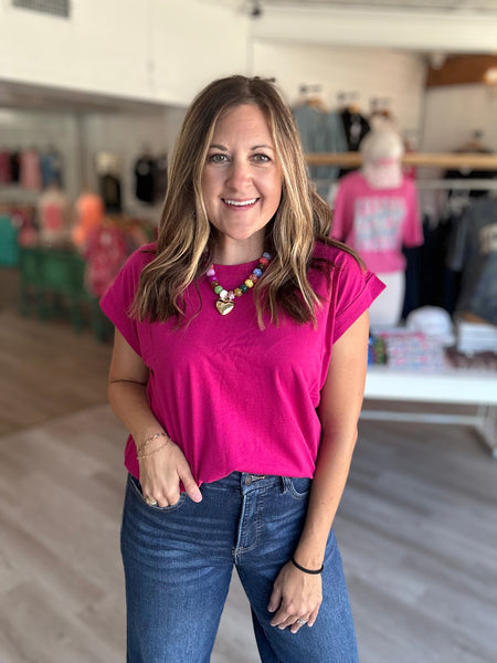 Magenta Rolled Sleeve Top