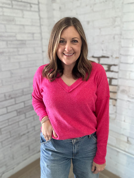 Ribbed Basic V-Neck in Hot Pink