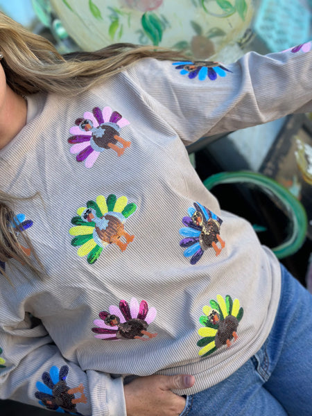 Sequin Turkey Corded Sweatshirt
