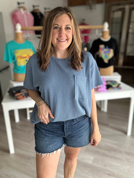 Ribbed Pocket Tee Dusty Blue