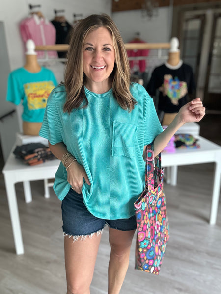 Ribbed Pocket Tee Turquoise