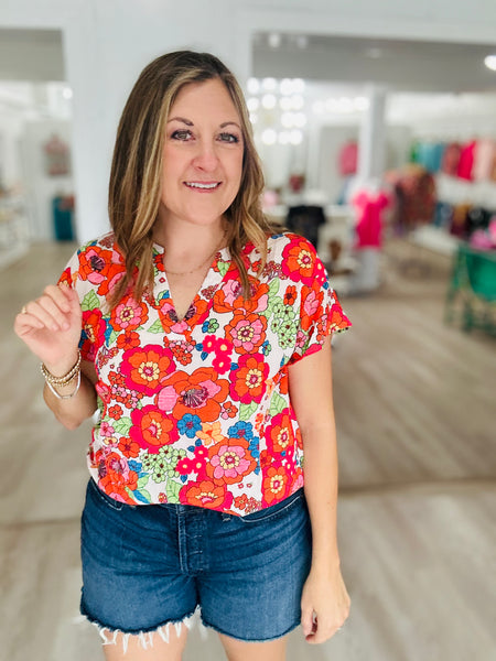 Fiery Red Floral Top