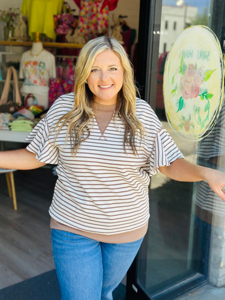 Mocha Stripe Ruffle Top