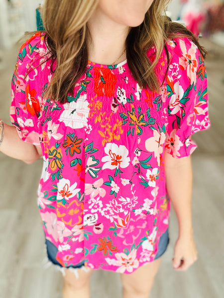 Pink Floral Smocked Top
