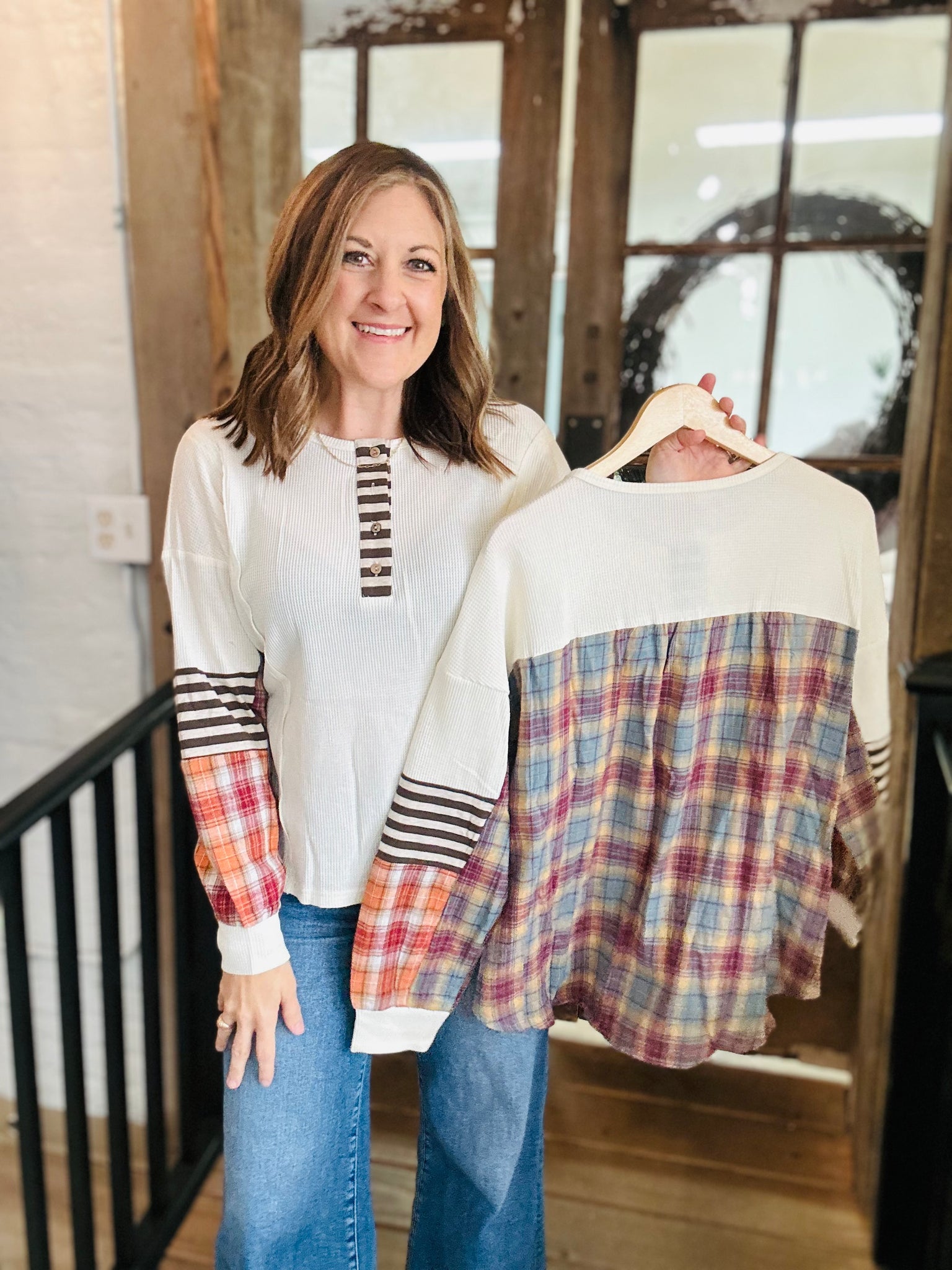 Beige Plaid Patchwork Top