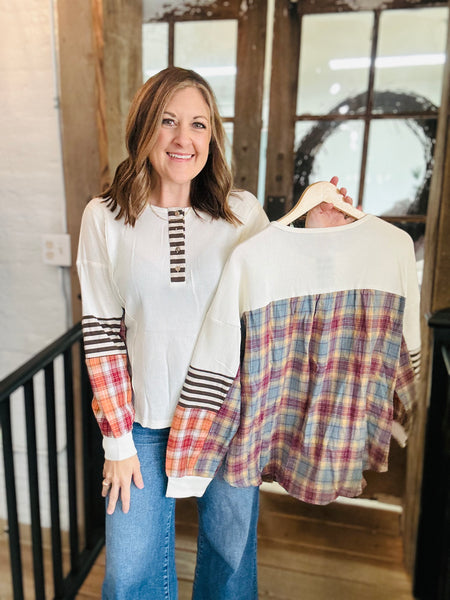 Beige Plaid Patchwork Top