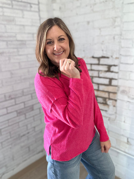 Ribbed Basic V-Neck in Hot Pink