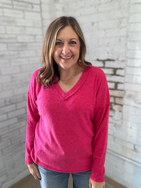 Ribbed Basic V-Neck in Hot Pink