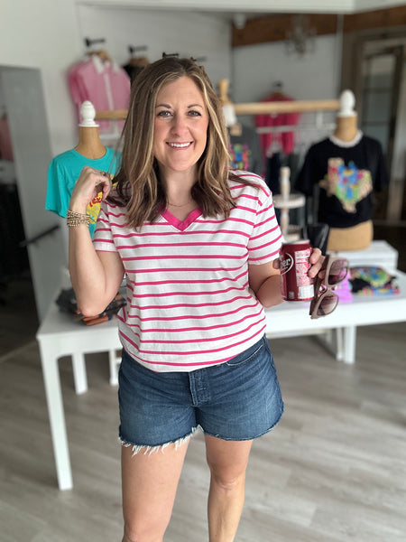 Stripe V Neck Hot Pink