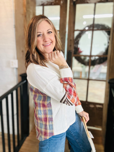 Beige Plaid Patchwork Top