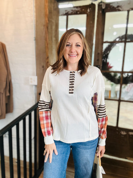 Beige Plaid Patchwork Top