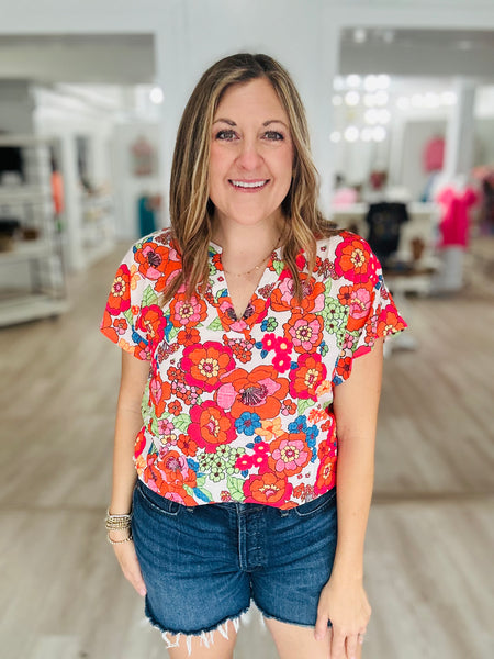 Fiery Red Floral Top