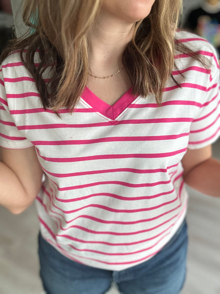 Stripe V Neck Hot Pink
