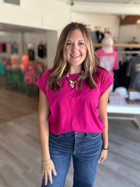 Magenta Rolled Sleeve Top
