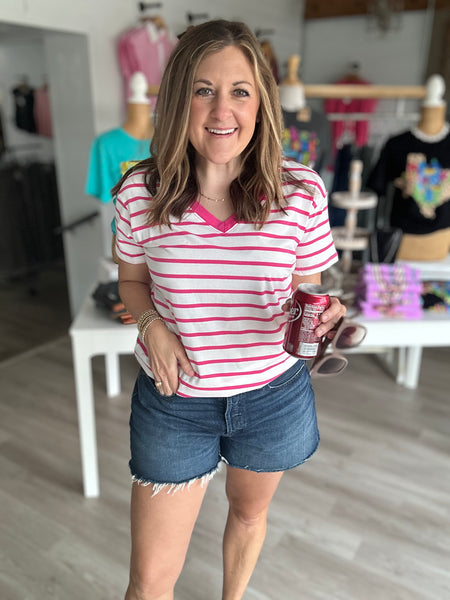 Stripe V Neck Hot Pink