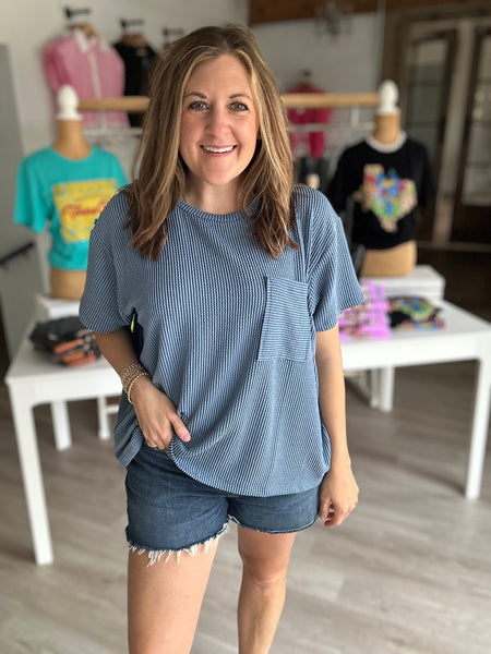 Ribbed Pocket Tee Dusty Blue