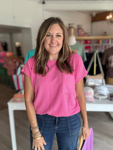 Ribbed Pocket Top in Pink